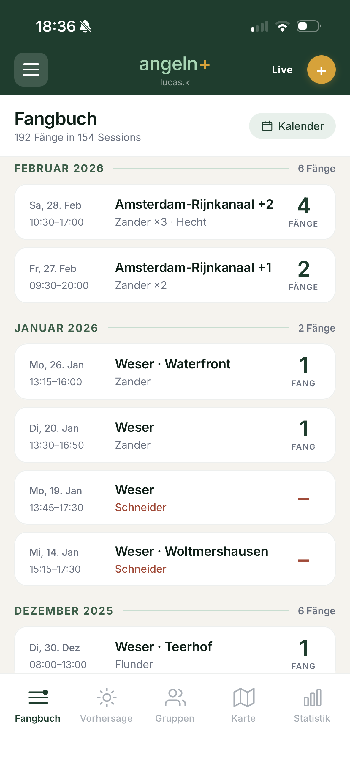 Fangbuch mit Sessions und Fängen an Weser und Amsterdam-Rijnkanaal