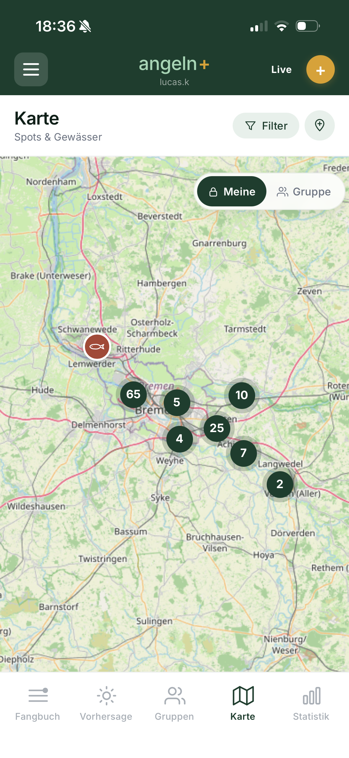 Karte mit gruppierten Spots rund um Bremen und die Weser