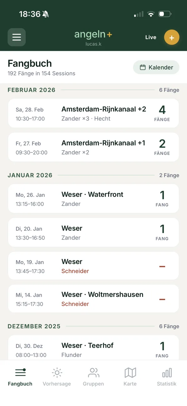 Fangbuch in der Angeln+ App